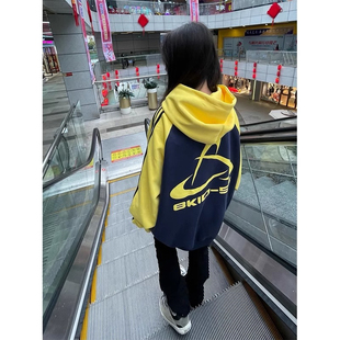 美式 宽松中学生上衣 风vibe撞色插肩纯棉卫衣连帽早秋新款 春秋冬季