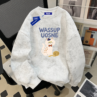 WASSUP国潮牌男士扎染卫衣秋冬季日常通勤萌猫宽松男生休闲上衣