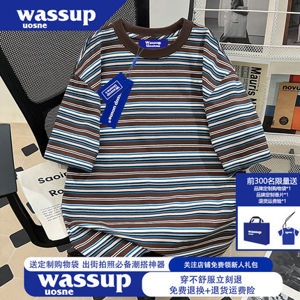 WASSUP美式潮牌撞色条纹短袖t恤男士2026新款夏季休闲百搭上衣服