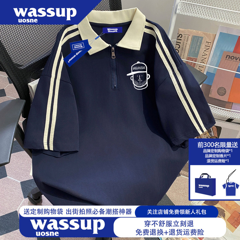WASSUP国潮牌青少年polo领短袖t恤男士2026新款夏季重磅纯棉上衣