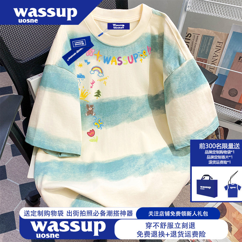 WASSUP美式高街潮牌情侣条纹短袖t恤男女夏季高质量纯棉休闲上衣