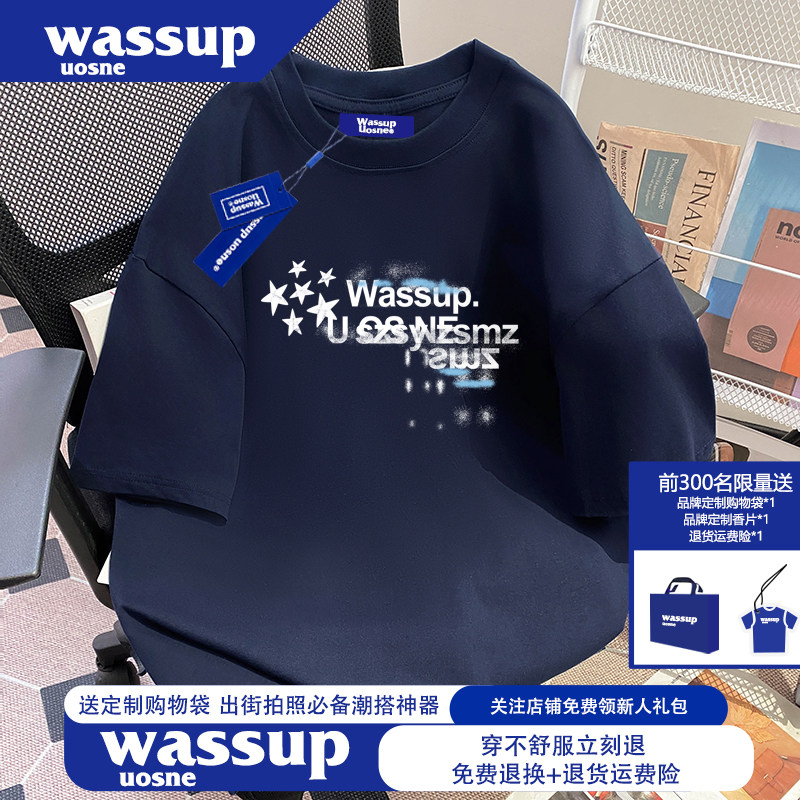 WASSUP美式高街潮牌青少年短袖t恤男士夏季高质量纯棉休闲上衣服