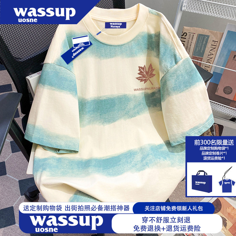 WASSUP美式潮牌高质量纯棉短袖t恤男女2026新款夏季情侣条纹上衣