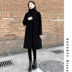 KAYANTY 黑色牛角扣双面羊绒大衣女中长款2025春秋新款毛呢外套
