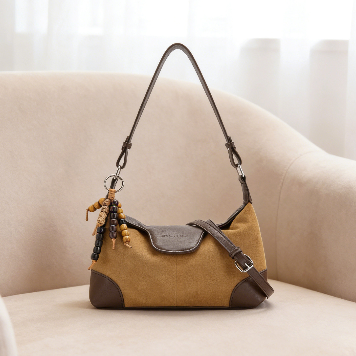 2026新款麂皮拼接撞色腋下包女简约百搭休闲手提斜挎包通勤单肩包