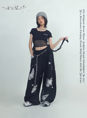 CBXLAB儿童街舞潮牌黑色烫银蝴蝶爵士舞长裤街头未来感嘻哈休闲裤