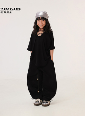 CBXLAB儿童街舞潮牌女童黑色慵懒爵士舞短袖黑色香蕉嘻哈长裤潮服