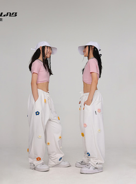 CBXLAB儿童街舞潮牌女童爵士脏粉半袖白色小花运动裤美式街头jazz