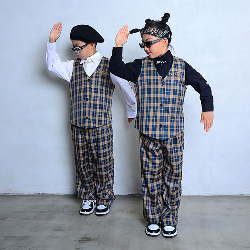 儿童格子马甲演出服机械舞