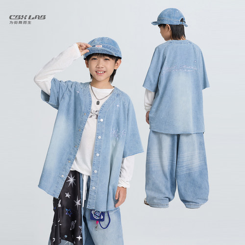 CBXLAB儿童街舞潮牌美式水洗牛仔棒球服街头hiphop街舞宽松上衣潮
