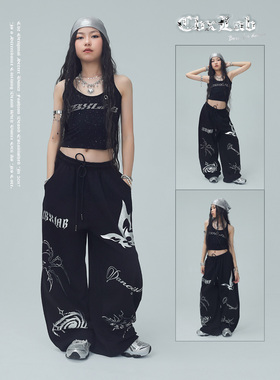 CBXLAB儿童街舞潮牌曼巴棉黑色烫银蝴蝶印花运动长裤美式街头JAZZ