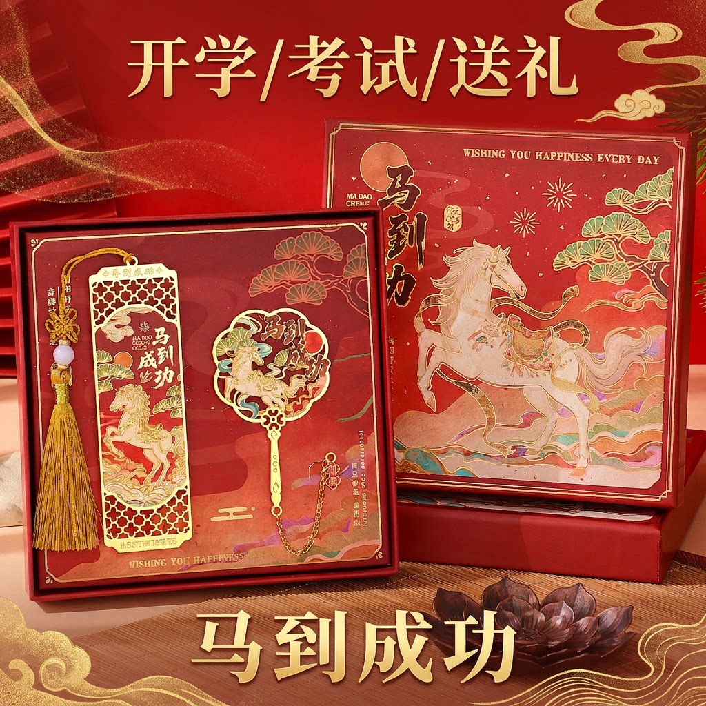 教师节中国风金属镂空书签礼盒装马到成功开学考试送礼女生日礼物