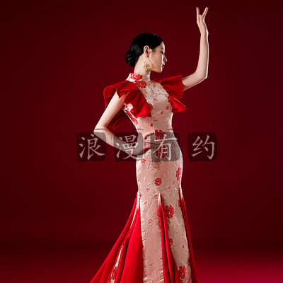 商演t台走秀旗袍蓝色流苏礼服