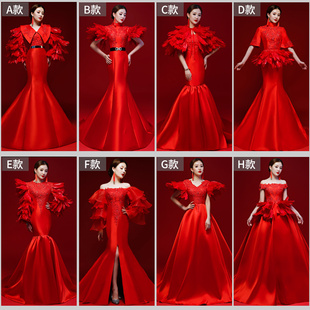 女主持人礼服高档端庄大气中国风红色鱼尾创意个性模特走秀款礼服