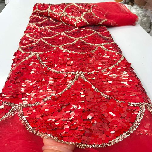 新款红色亮片刺绣网纱面料重工珠管连衣裙礼服布料sequins lace