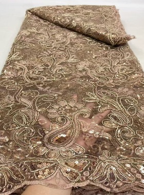 新款品质骨绳绣蕾丝亮片面料非洲礼服婚纱面料5yards lace fabric