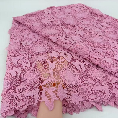 重工粉色水溶蕾丝面料镂空刺绣非洲婚纱礼服guipure lace fabric