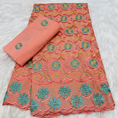 跨境外贸精美棉布刺绣烫钻绣花面料非洲礼服头巾布料cotton lace