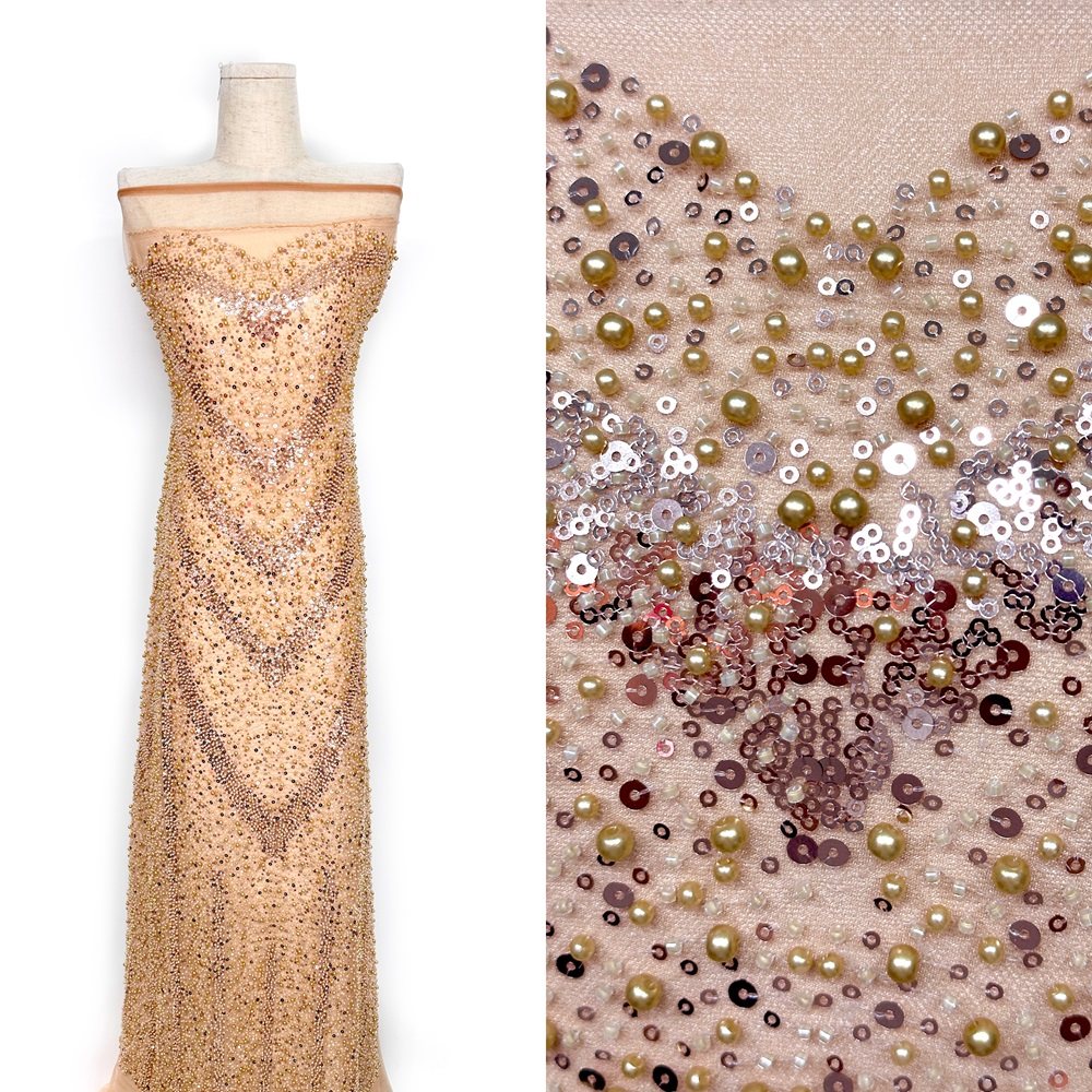 重工加密珠管亮片刺绣网纱面料奢华婚纱礼服时装设计师布料批发