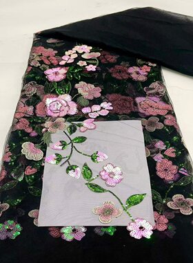 立体花朵亮片精美刺绣网纱面料黑色透视女装礼服布料DIY厂家直销