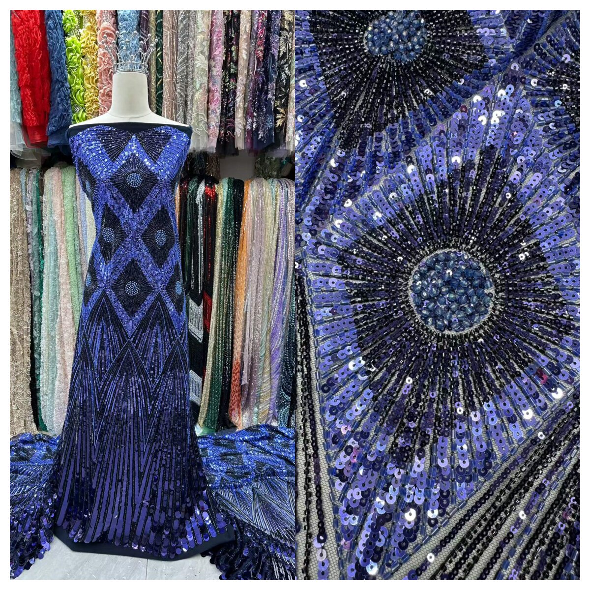 重工蓝色亮片刺绣面料礼服婚纱布料高定女装演出服面料sequins