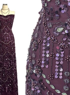高端紫色奢华重工钉珠亮片刺绣网纱面料礼服连衣裙布料beads lace