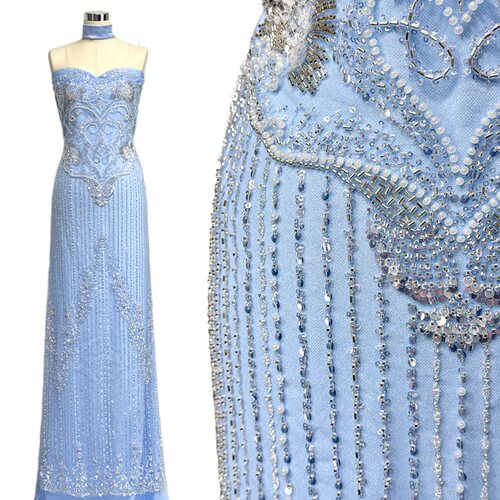 重工刺绣亮片面料蓝色婚纱晚礼服布料奢华定制华丽风beads lace