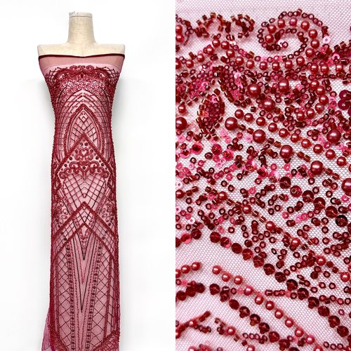 新款红色重工网纱刺绣亮片蕾丝面料高端婚纱礼服布料beads lace