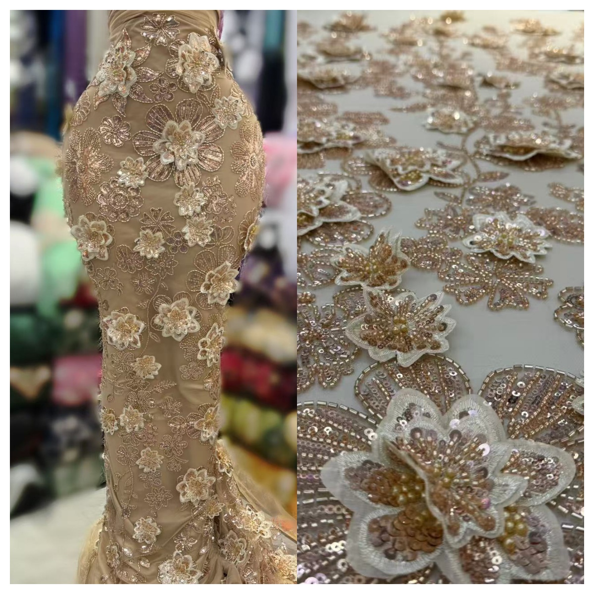 金色重工双层订花亮片珠管刺绣蕾丝面料婚纱礼服网纱绣花布料lace