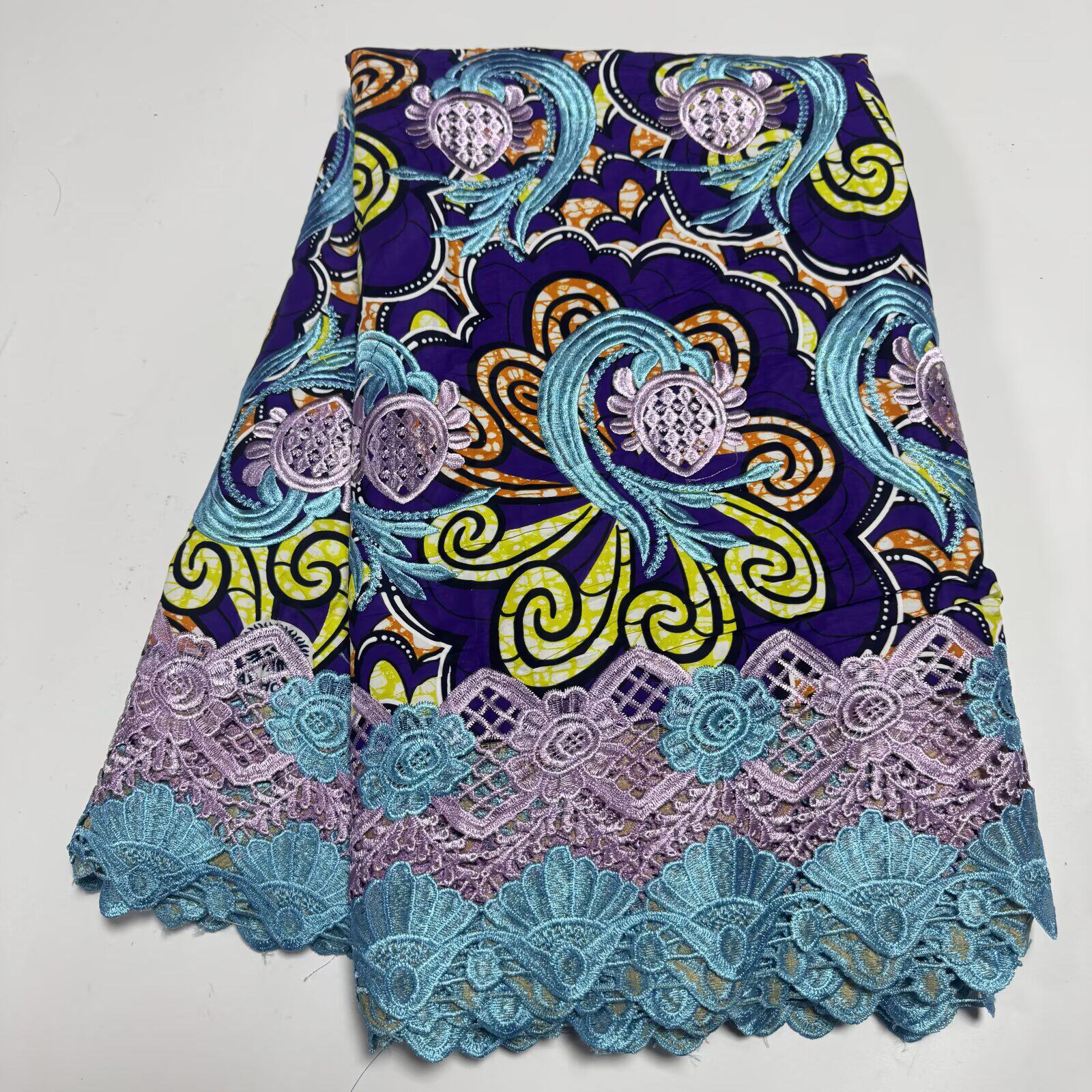 新款非洲纯棉蕾丝腊布绣花花边面料 African wax lace fabric