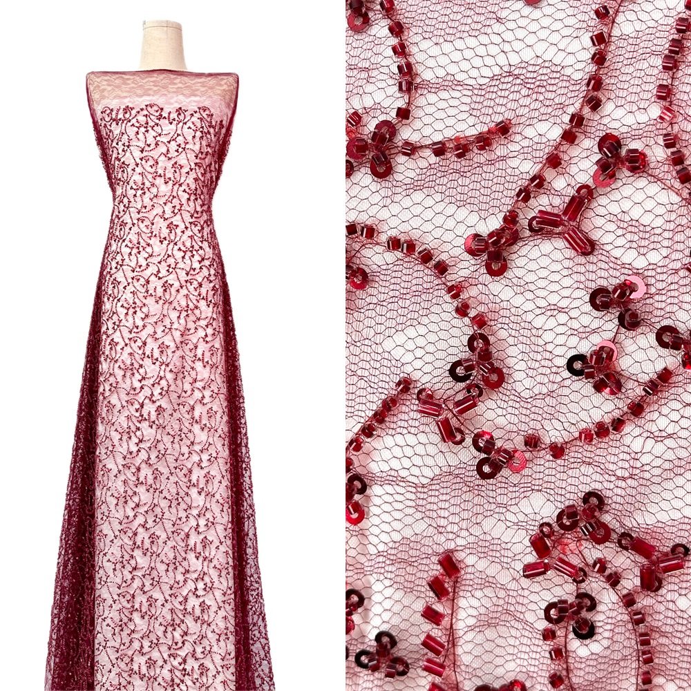 高端奢华红色亮片蕾丝面料刺绣网纱婚纱礼服服装设计师布料批发