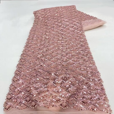 新款珠管绣亮片泡珠绣网纱礼服连衣裙舞台服网纱布料5yards lace