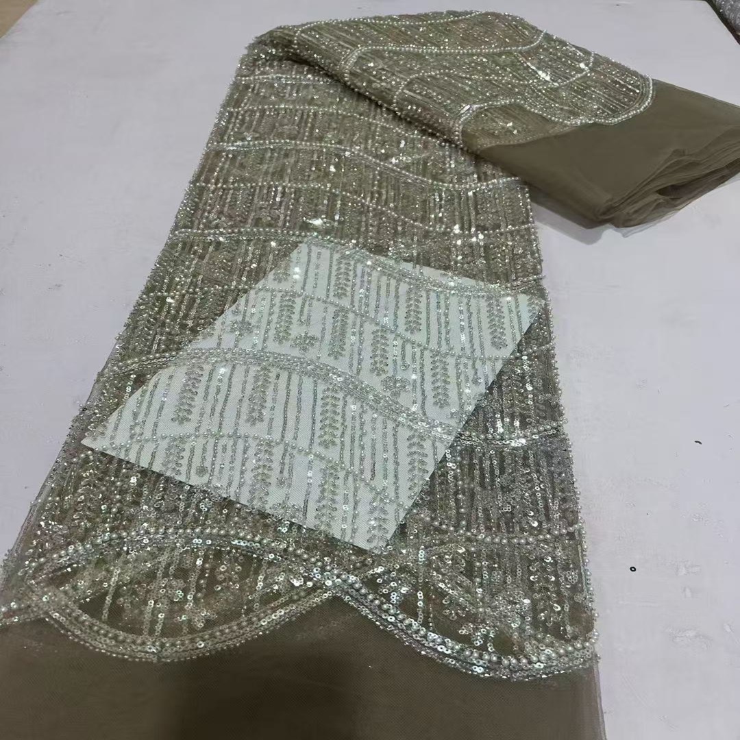 跨境外贸新款珠管绣亮片绣花布料网纱蕾丝面料礼服婚纱面料lace