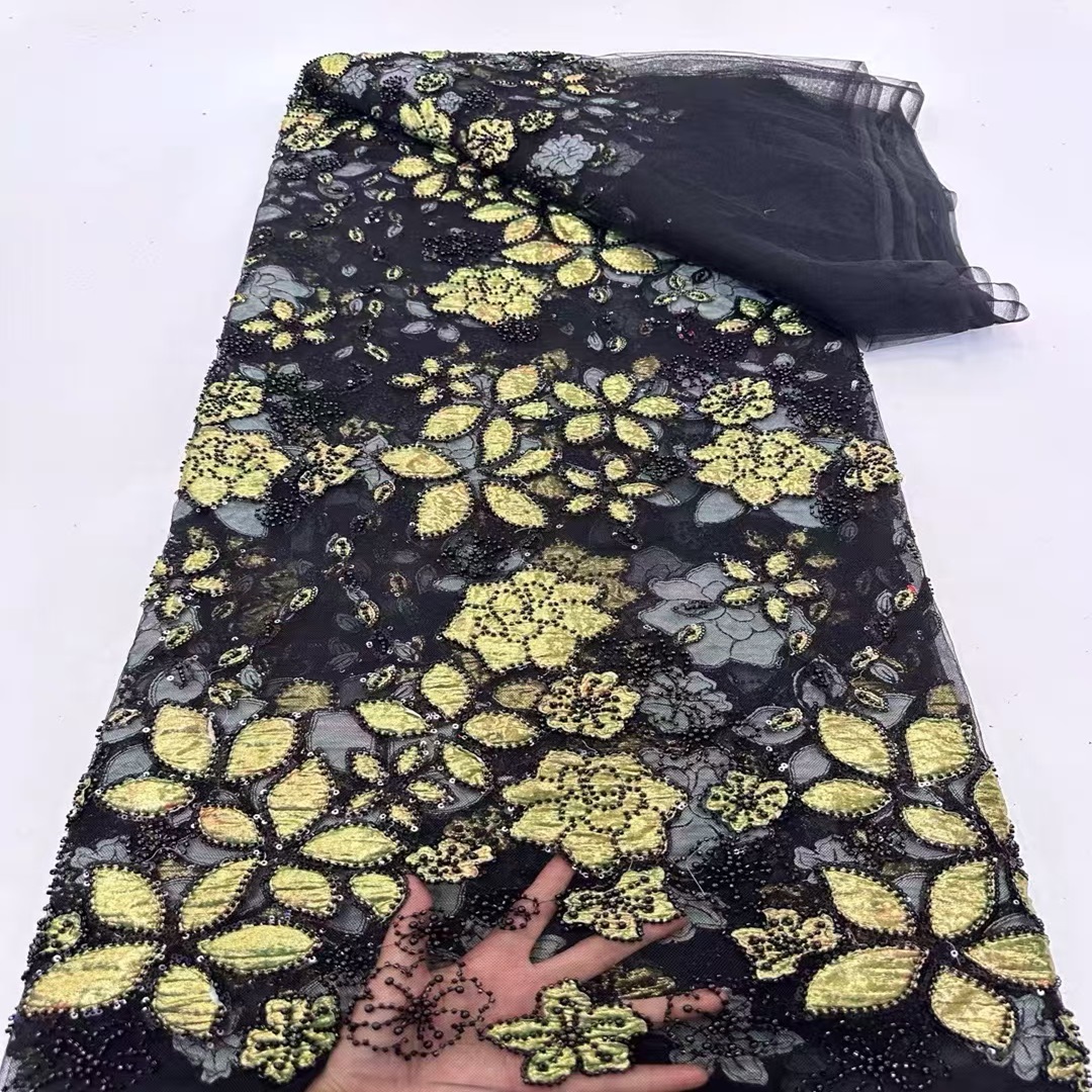 金色花朵刺绣网纱面料珠管装饰布料手工DIY服装时装礼服面料lace