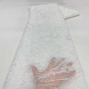 白色蕾丝网纱面料珠管绣钉珠亮片刺绣婚纱礼服连衣裙布料beads