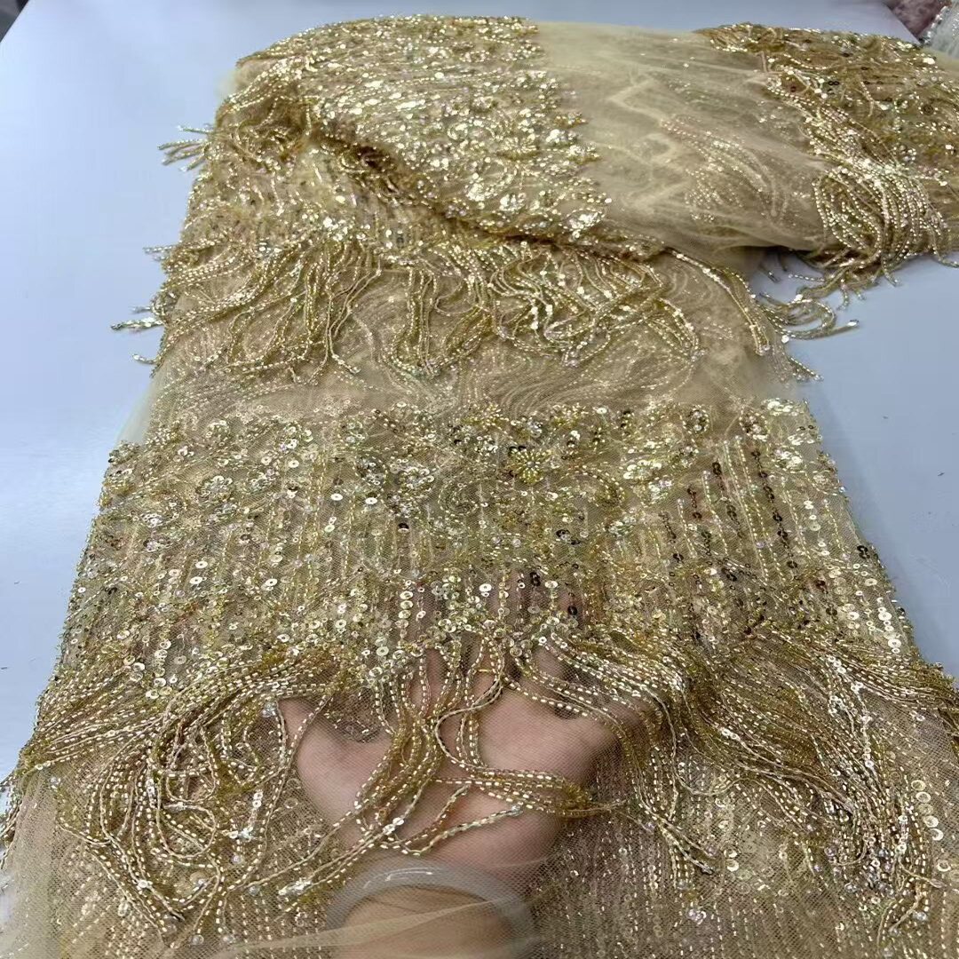 重工珠管流苏绣亮片刺绣网纱面料高定礼服婚纱设计师布料厂家直销