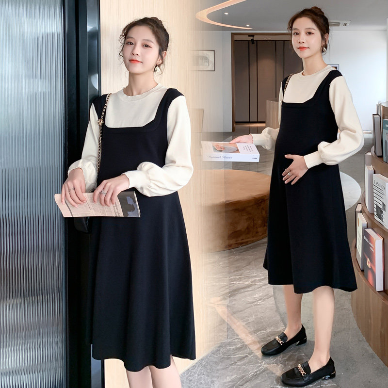 임산부의 가을 겨울 고급 스웨터 드레스 느슨한 가짜 투피스 스티치 유행 연령 감소 유행 어머니의 임산부 니트 드레스