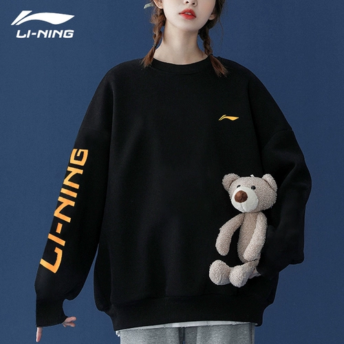 Li Ning, демисезонная толстовка подходит для мужчин и женщин, флисовый лонгслив с круглым воротником, спортивный костюм, оверсайз, для влюбленных