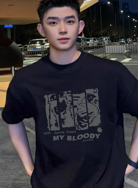 245G重磅男士美式纯棉短袖t恤男夏季新款2025宽松大码上衣黑色