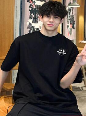 黑色正肩短袖t恤男士2025春季新款美式纯棉打底衫男款宽松上衣ins