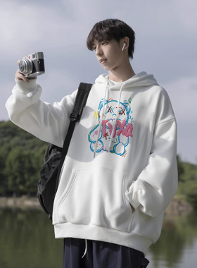 白色涂鸦小熊重磅卫衣男连帽美式高端潮牌秋冬季加绒加厚男生外套