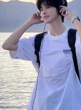 美式重磅字母印花白色短袖t恤男宽松百搭纯棉2025新款上衣夏季