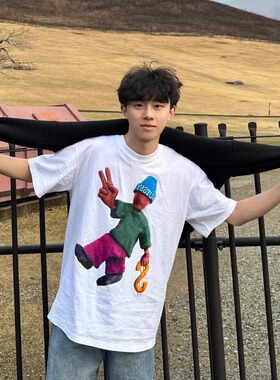 白色图案t恤男生短袖美式高街夏季2025新款重磅纯棉潮牌休闲上衣