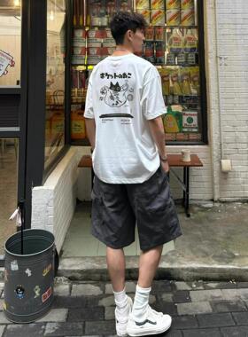 美式潮牌帅气重磅纯棉猫咪短袖t恤男夏季宽松正肩半袖体恤上衣服