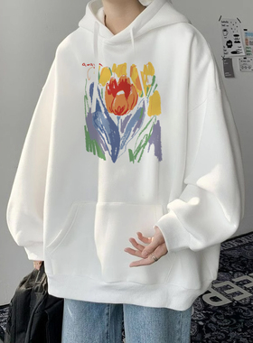 白色重磅纯棉连帽卫衣男秋冬潮牌加绒痞帅美式高街宽松大码外套冬