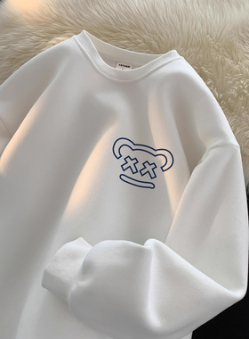 白色设计感圆领卫衣男士秋冬新款潮牌宽松休闲情侣款加绒加厚上衣