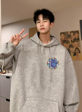 浅灰色连帽卫衣男款秋冬季加绒加厚百搭保暖上衣潮牌美式重磅外套