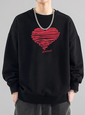 黑色圆领卫衣男款秋冬季宽松休闲百搭上衣潮牌日系青少年加绒外套