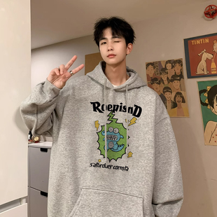 美式高街青年连帽卫衣男款ins潮牌卡通印花小众宽松加绒加厚上衣