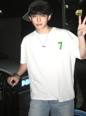 美式潮牌短袖男2025新款夏季宽松圆领白色半袖T恤重磅纯棉上衣in